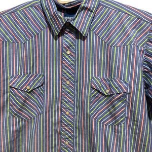 Wrangler Western Shirt No Size Tag Blue Red Green Stripes Pearl Snaps Cowboy